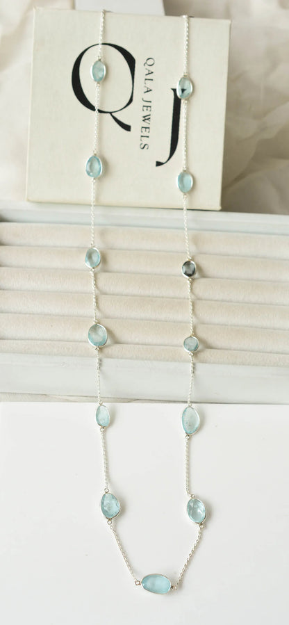Natural Aquamarine Bezel Chain Necklace in Silver – Handmade Statement Gemstone Jewelry
