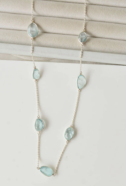Natural Aquamarine Bezel Chain Necklace in Silver – Handmade Statement Gemstone Jewelry