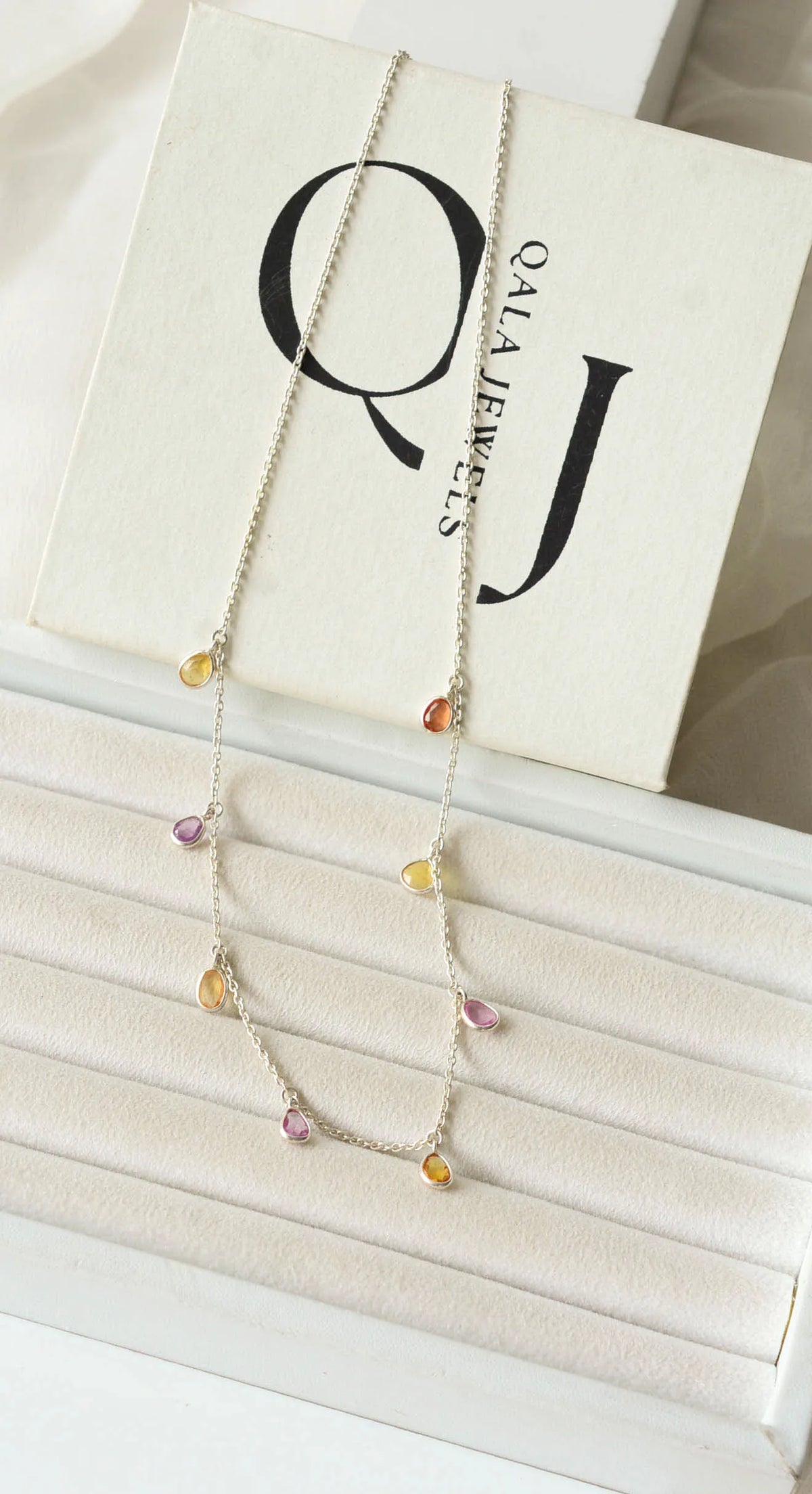 Natural Multi Sapphire Station Necklace in Silver – Handmade Dangle Statement Jewelry
