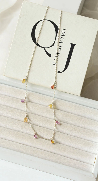 Natural Multi Sapphire Station Necklace in Silver – Handmade Dangle Statement Jewelry