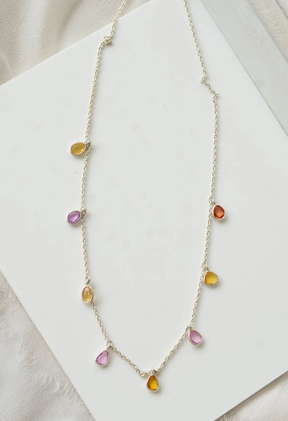 Natural Multi Sapphire Station Necklace in Silver – Handmade Dangle Statement Jewelry