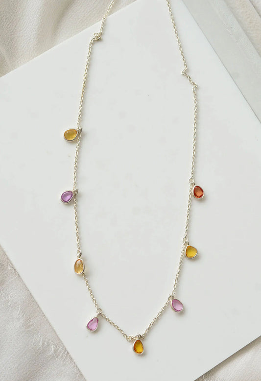 Natural Multi Sapphire Station Necklace in Silver – Handmade Dangle Statement Jewelry