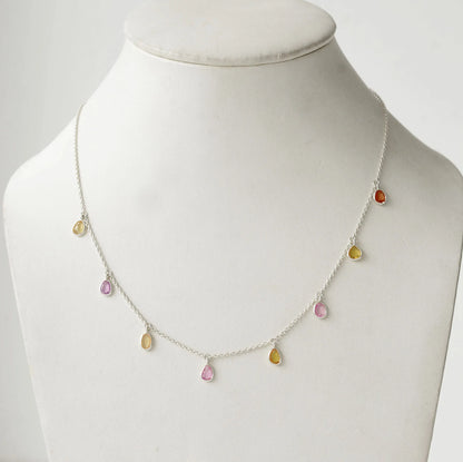 Natural Multi Sapphire Station Necklace in Silver – Handmade Dangle Statement Jewelry