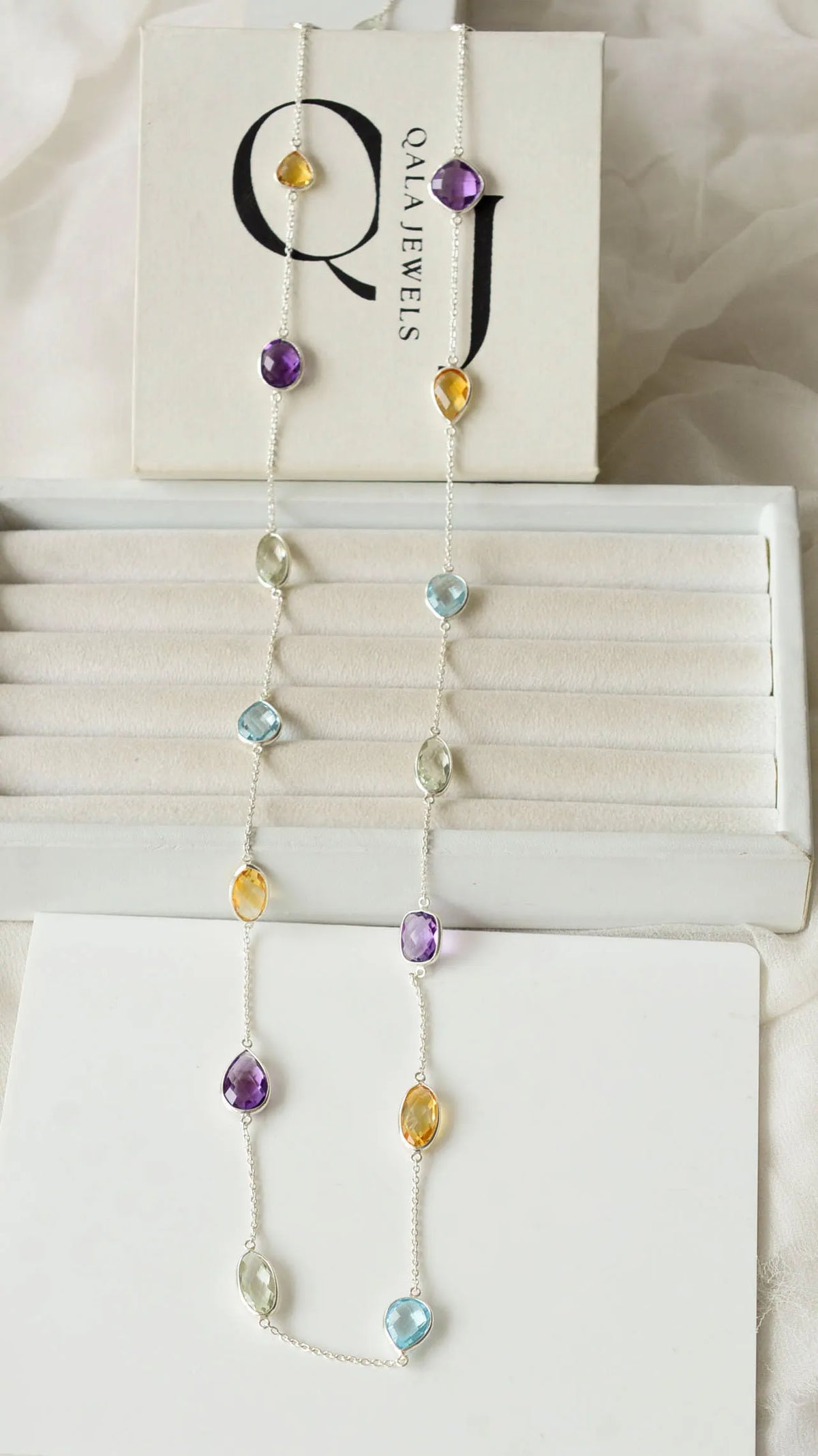 Genuine Multi Gemstone Bezel Chain Necklace in Silver – Handmade Statement Rainbow Jewelry