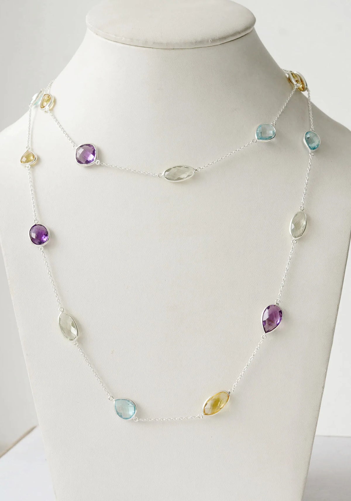 Genuine Multi Gemstone Bezel Chain Necklace in Silver – Handmade Statement Rainbow Jewelry