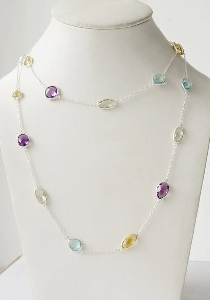 Genuine Multi Gemstone Bezel Chain Necklace in Silver – Handmade Statement Rainbow Jewelry