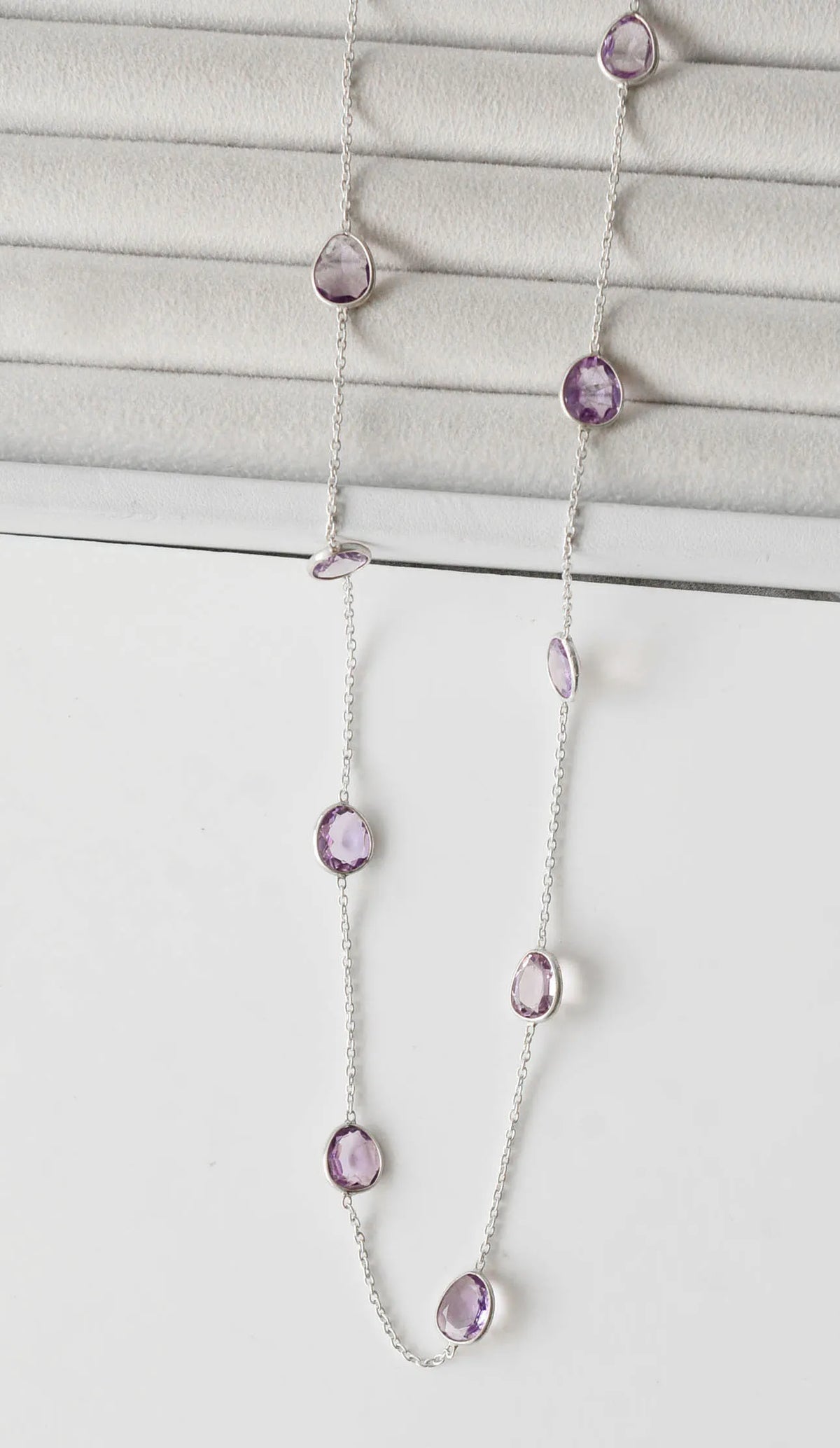 Amethyst Gemstone Chain Necklace in Silver – Handmade By-the-Yard Design with Drop