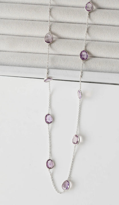 Amethyst Gemstone Chain Necklace in Silver – Handmade By-the-Yard Design with Drop