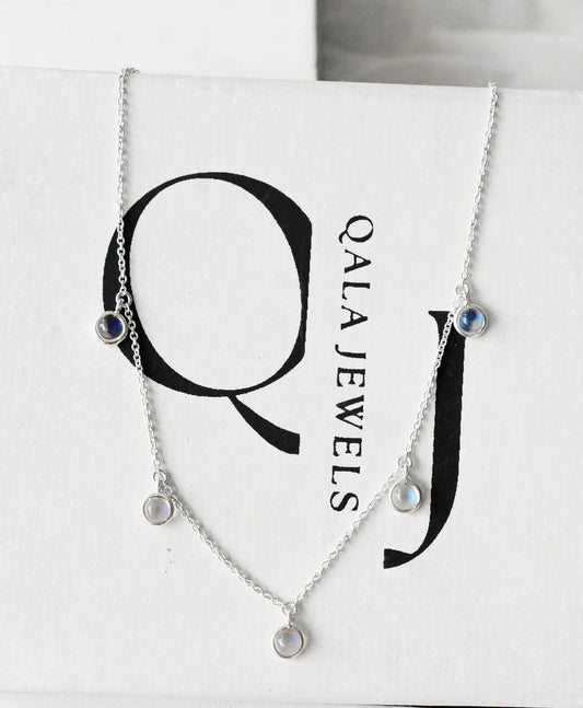 Rainbow Moonstone Station Necklace in Silver – Handmade Bezel Dangle