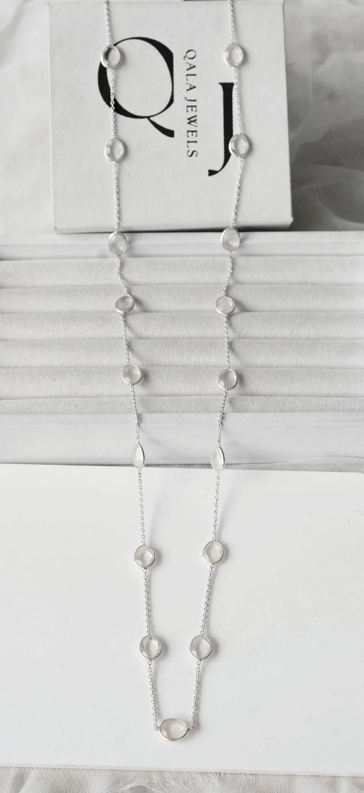 Natural Rose Quartz Bezel Chain Necklace in Silver – Handmade Statement Gemstone Jewelry