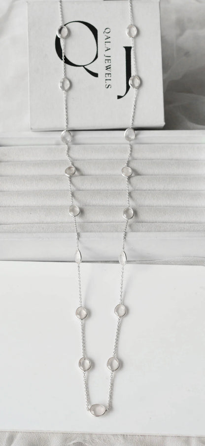 Natural Rose Quartz Bezel Chain Necklace in Silver – Handmade Statement Gemstone Jewelry