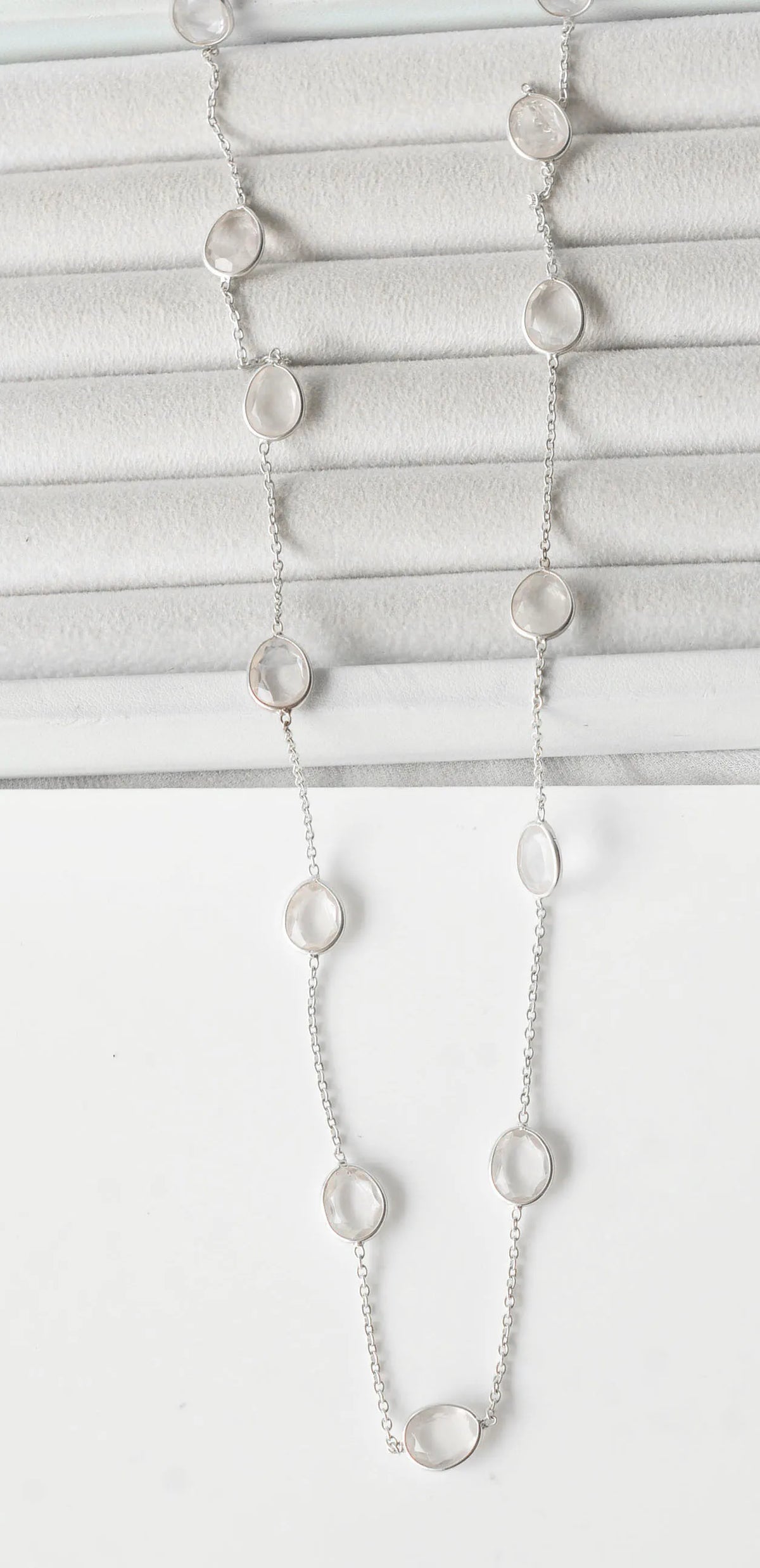 Natural Rose Quartz Bezel Chain Necklace in Silver – Handmade Statement Gemstone Jewelry