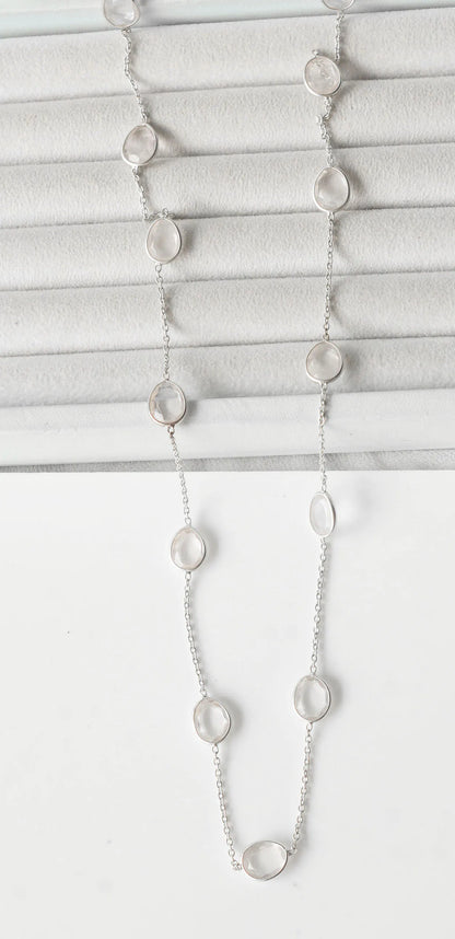 Natural Rose Quartz Bezel Chain Necklace in Silver – Handmade Statement Gemstone Jewelry