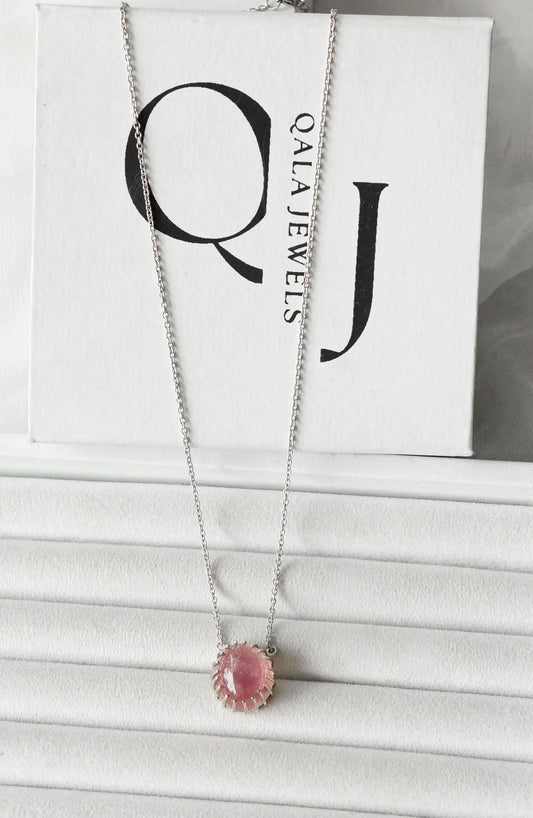 Natural Pink Tourmaline Cabochon Pendant Necklace in Silver – Handmade Statement Gemstone Jewelry