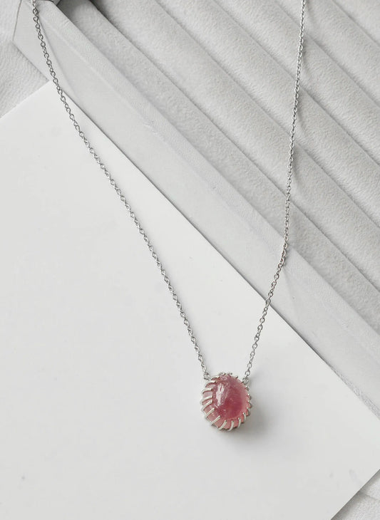 Natural Pink Tourmaline Cabochon Pendant Necklace in Silver – Handmade Statement Gemstone Jewelry