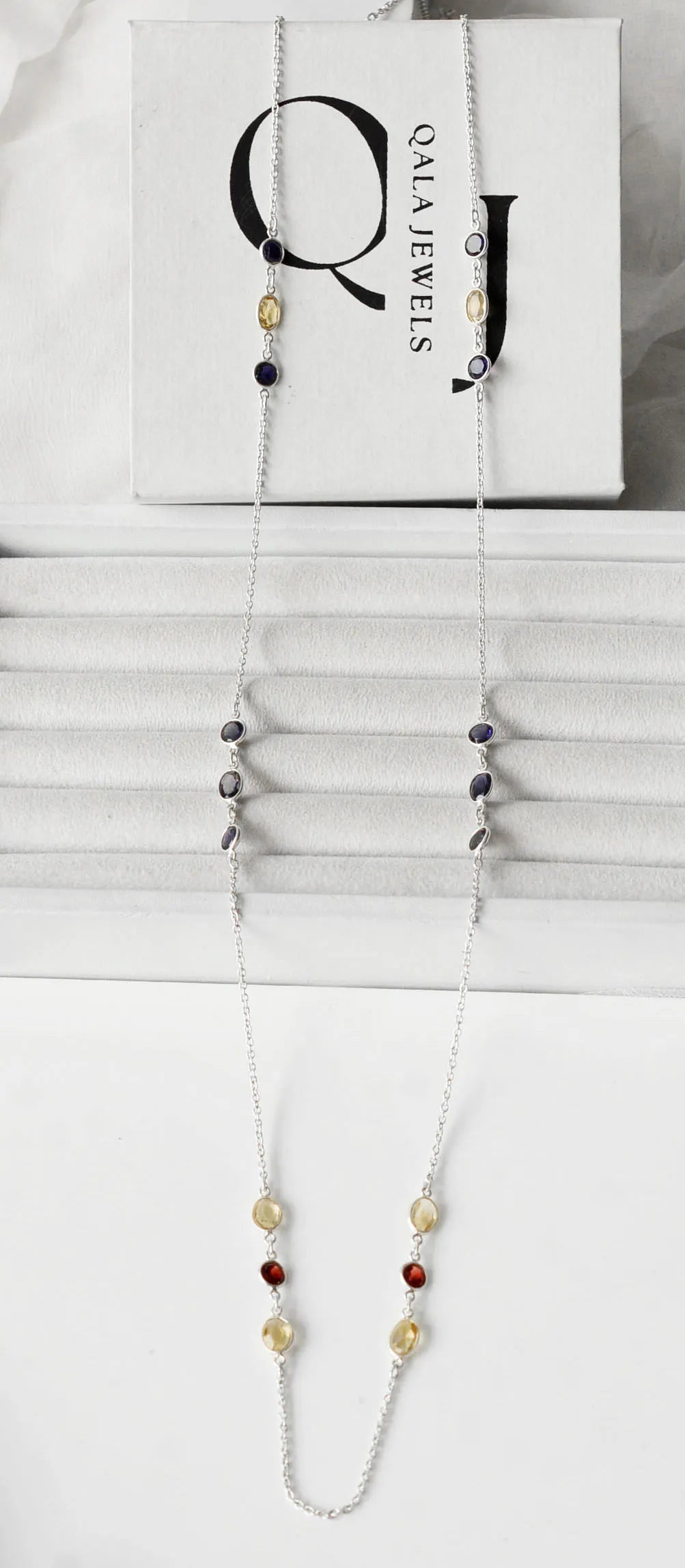 Genuine Citrine Garnet Iolite Multi Gemstone Necklace in Silver – Handmade Statement Jewelry