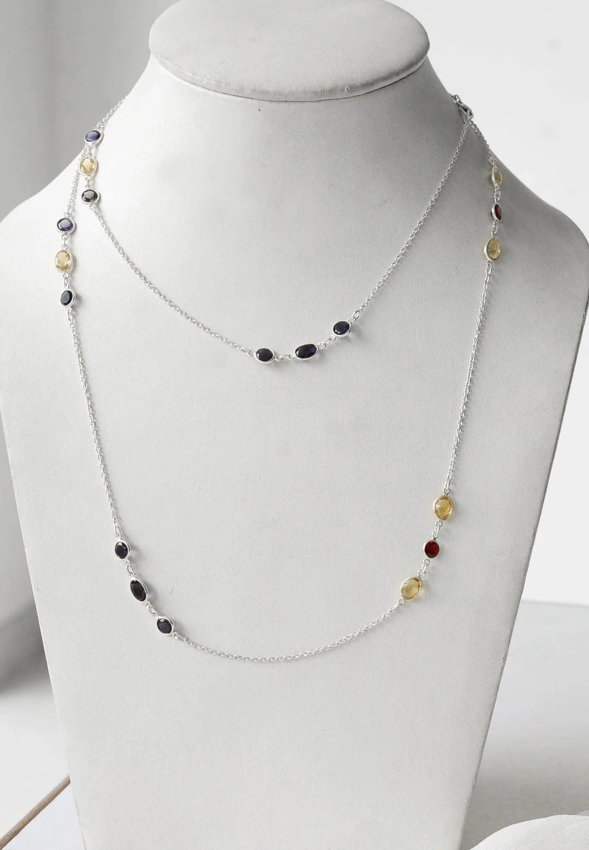 Genuine Citrine Garnet Iolite Multi Gemstone Necklace in Silver – Handmade Statement Jewelry