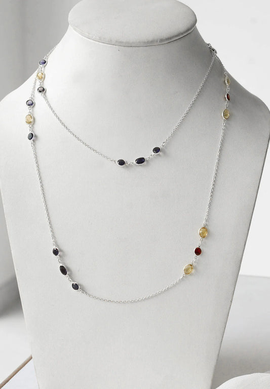 Genuine Citrine Garnet Iolite Multi Gemstone Necklace in Silver – Handmade Statement Jewelry