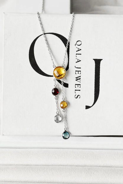 Genuine Citrine Multi Gemstone Cluster Pendant Necklace in Silver – Handmade Statement Jewelry