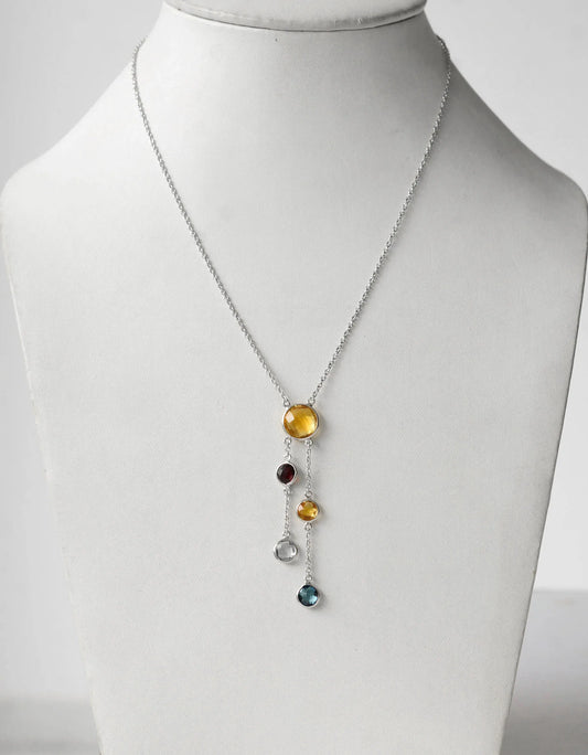 Genuine Citrine Multi Gemstone Cluster Pendant Necklace in Silver – Handmade Statement Jewelry