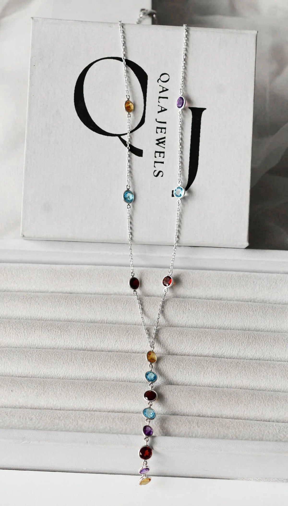 Genuine Multi Gemstone Cluster Chain Necklace in Silver – Handmade Colorful Statement Jewelry