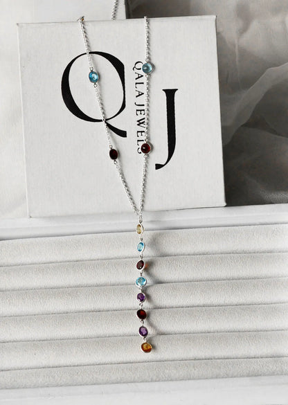 Genuine Multi Gemstone Cluster Chain Necklace in Silver – Handmade Colorful Statement Jewelry