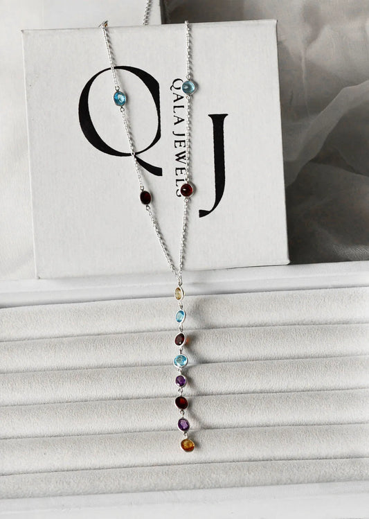 Genuine Multi Gemstone Cluster Chain Necklace in Silver – Handmade Colorful Statement Jewelry