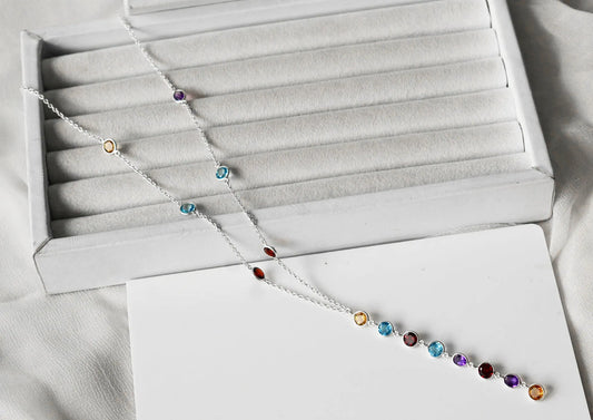 Genuine Multi Gemstone Cluster Chain Necklace in Silver – Handmade Colorful Statement Jewelry