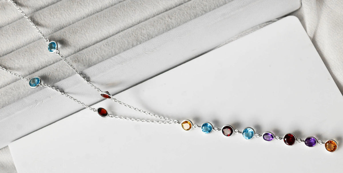 Genuine Multi Gemstone Cluster Chain Necklace in Silver – Handmade Colorful Statement Jewelry