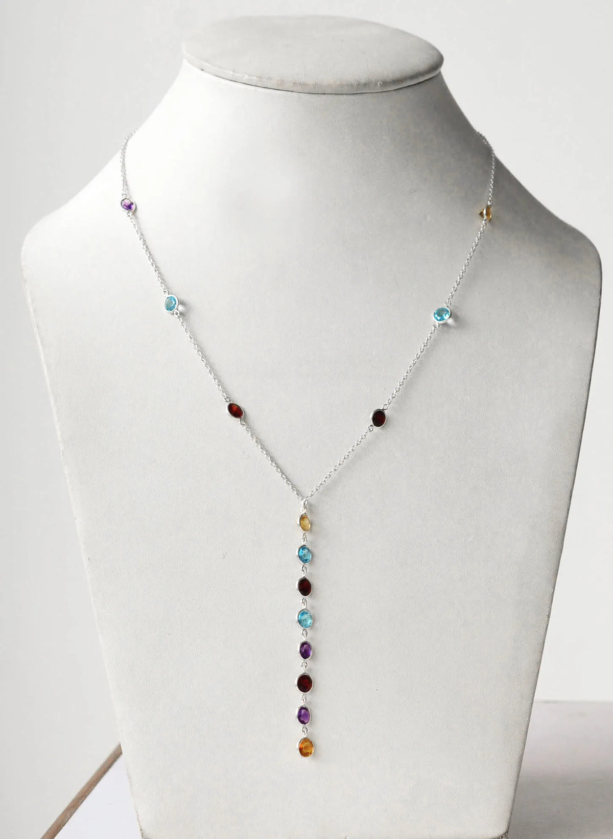Genuine Multi Gemstone Cluster Chain Necklace in Silver – Handmade Colorful Statement Jewelry