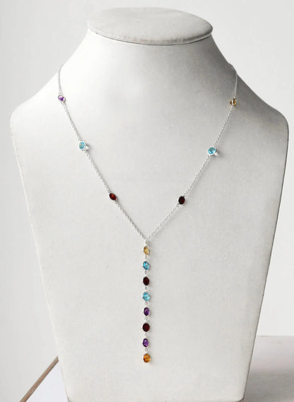 Genuine Multi Gemstone Cluster Chain Necklace in Silver – Handmade Colorful Statement Jewelry