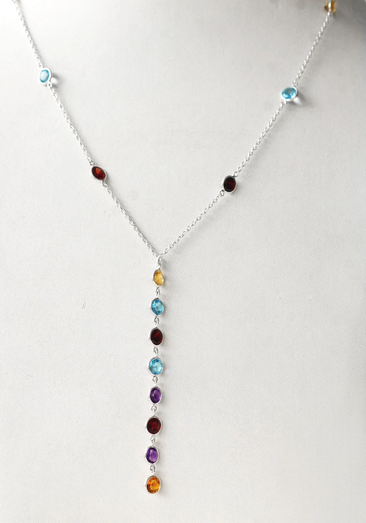 Genuine Multi Gemstone Cluster Chain Necklace in Silver – Handmade Colorful Statement Jewelry