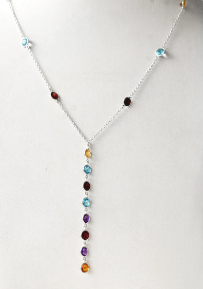 Genuine Multi Gemstone Cluster Chain Necklace in Silver – Handmade Colorful Statement Jewelry