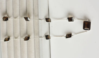 Natural Smoky Quartz Bezel Chain Necklace in Silver – Handmade Statement Gemstone Jewelry