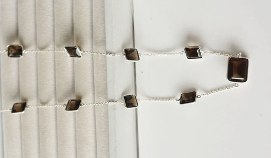 Natural Smoky Quartz Bezel Chain Necklace in Silver – Handmade Statement Gemstone Jewelry