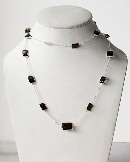 Natural Smoky Quartz Bezel Chain Necklace in Silver – Handmade Statement Gemstone Jewelry
