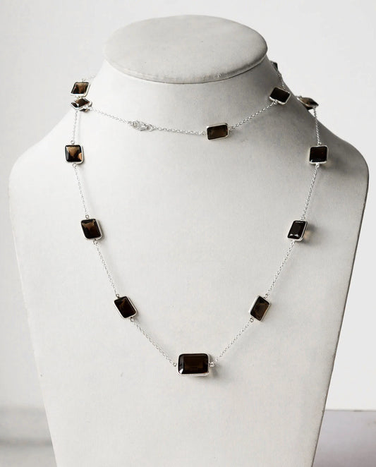 Natural Smoky Quartz Bezel Chain Necklace in Silver – Handmade Statement Gemstone Jewelry