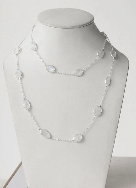 Natural Rainbow Moonstone Bezel Chain Necklace in Silver – Handmade Statement Gemstone Jewelry