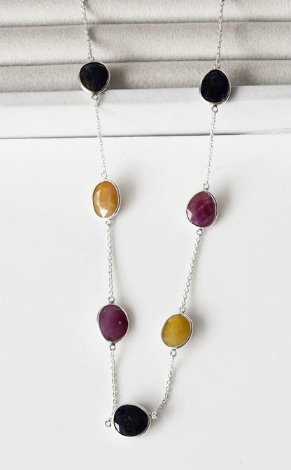 Natural Multi Sapphire Bezel Chain Necklace in Silver – Handmade Statement Gemstone Jewelry