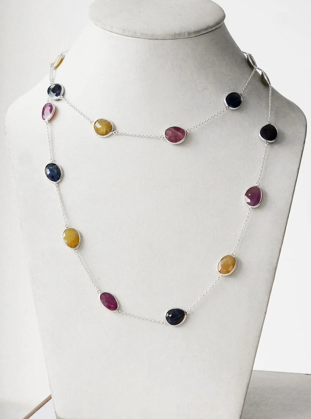 Natural Multi Sapphire Bezel Chain Necklace in Silver – Handmade Statement Gemstone Jewelry
