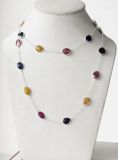 Natural Multi Sapphire Bezel Chain Necklace in Silver – Handmade Statement Gemstone Jewelry