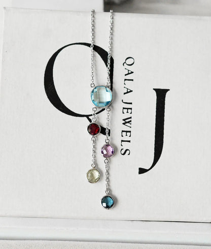 Natural Sky Blue Topaz and Multi Gemstone Cluster Necklace in Silver – Handmade Statement Jewelry