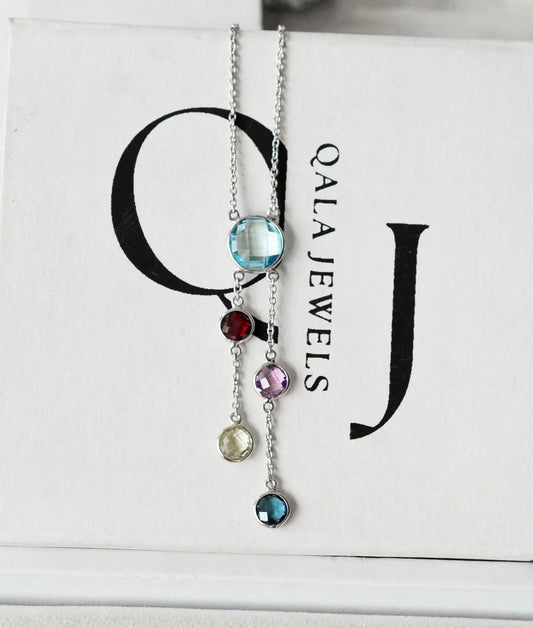 Natural Sky Blue Topaz and Multi Gemstone Cluster Necklace in Silver – Handmade Statement Jewelry