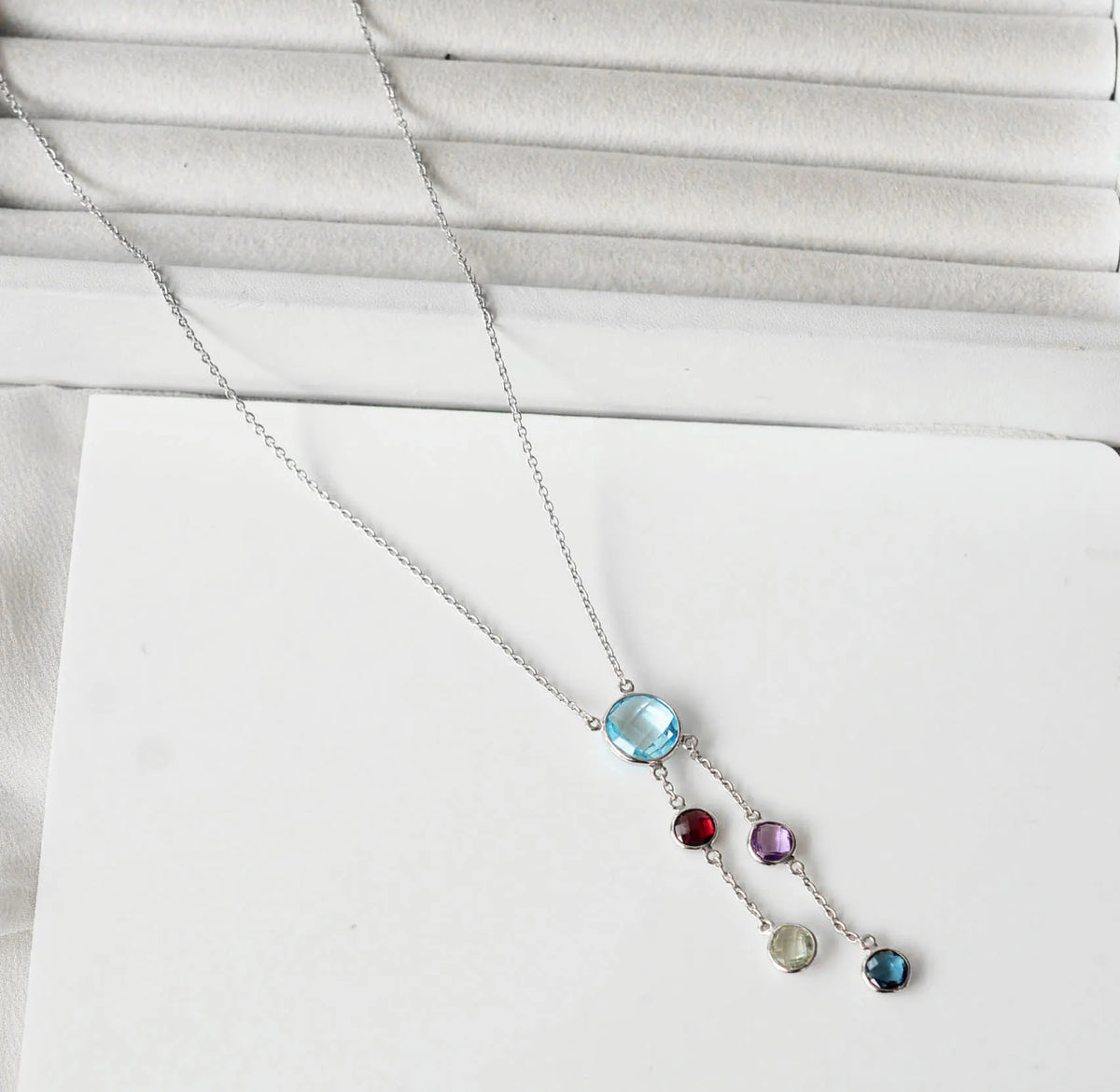 Natural Sky Blue Topaz and Multi Gemstone Cluster Necklace in Silver – Handmade Statement Jewelry