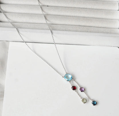 Natural Sky Blue Topaz and Multi Gemstone Cluster Necklace in Silver – Handmade Statement Jewelry