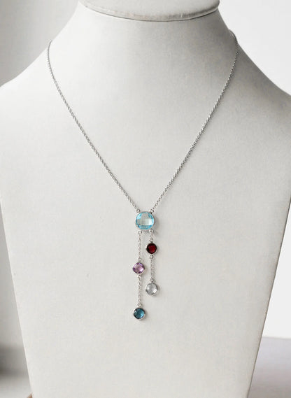 Natural Sky Blue Topaz and Multi Gemstone Cluster Necklace in Silver – Handmade Statement Jewelry