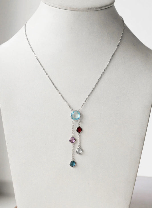 Natural Sky Blue Topaz and Multi Gemstone Cluster Necklace in Silver – Handmade Statement Jewelry