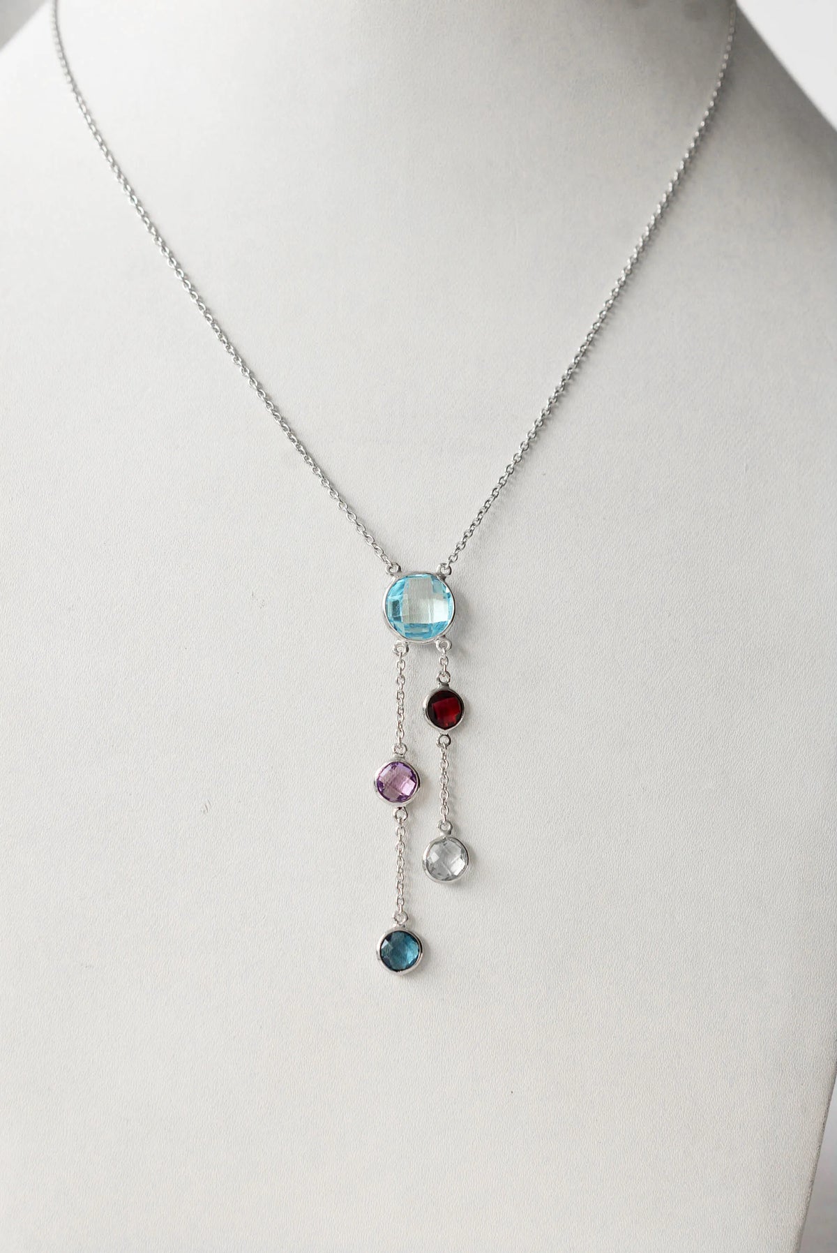 Natural Sky Blue Topaz and Multi Gemstone Cluster Necklace in Silver – Handmade Statement Jewelry