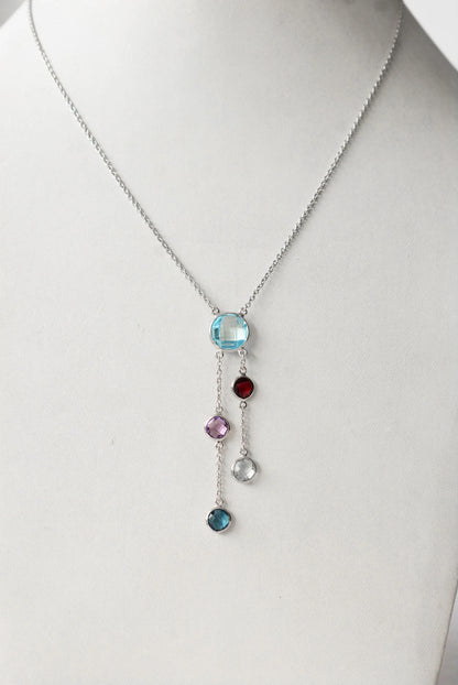 Natural Sky Blue Topaz and Multi Gemstone Cluster Necklace in Silver – Handmade Statement Jewelry