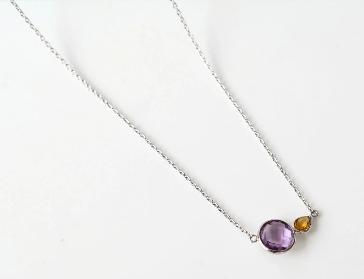 Natural Amethyst and Citrine Toi et Moi Necklace in Silver – Handmade Two Stone Jewelry